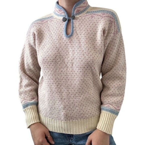 Vintage Eddie Bauer Womens 100% Wool Pastel Fair Isle Nordic Birdseye Sweater L - Picture 1 of 9